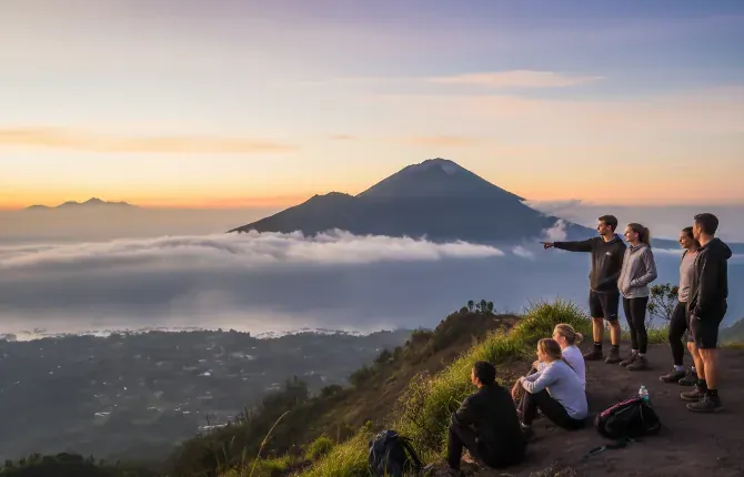 Mount Batur volcano and lake at sunrise